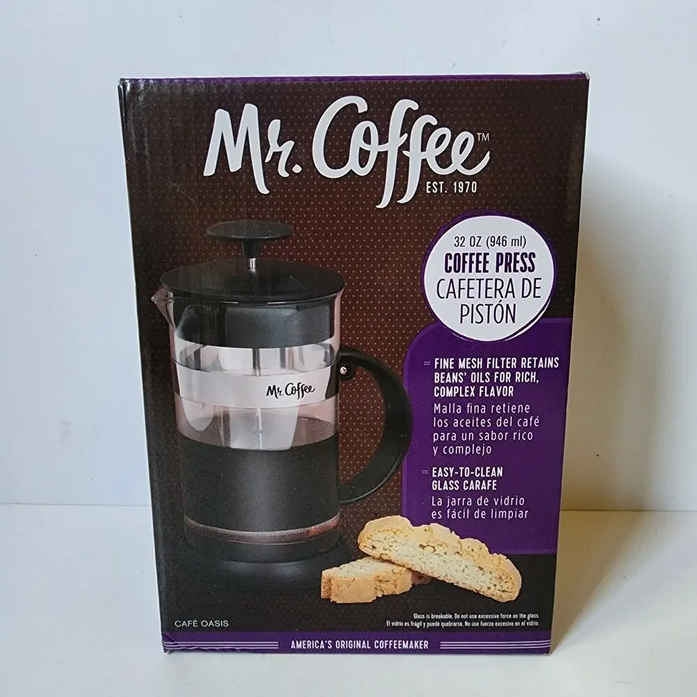 Mr Coffee French Press 32 oz 946 ml Black Glass Stainless Steel Scoop Open Box